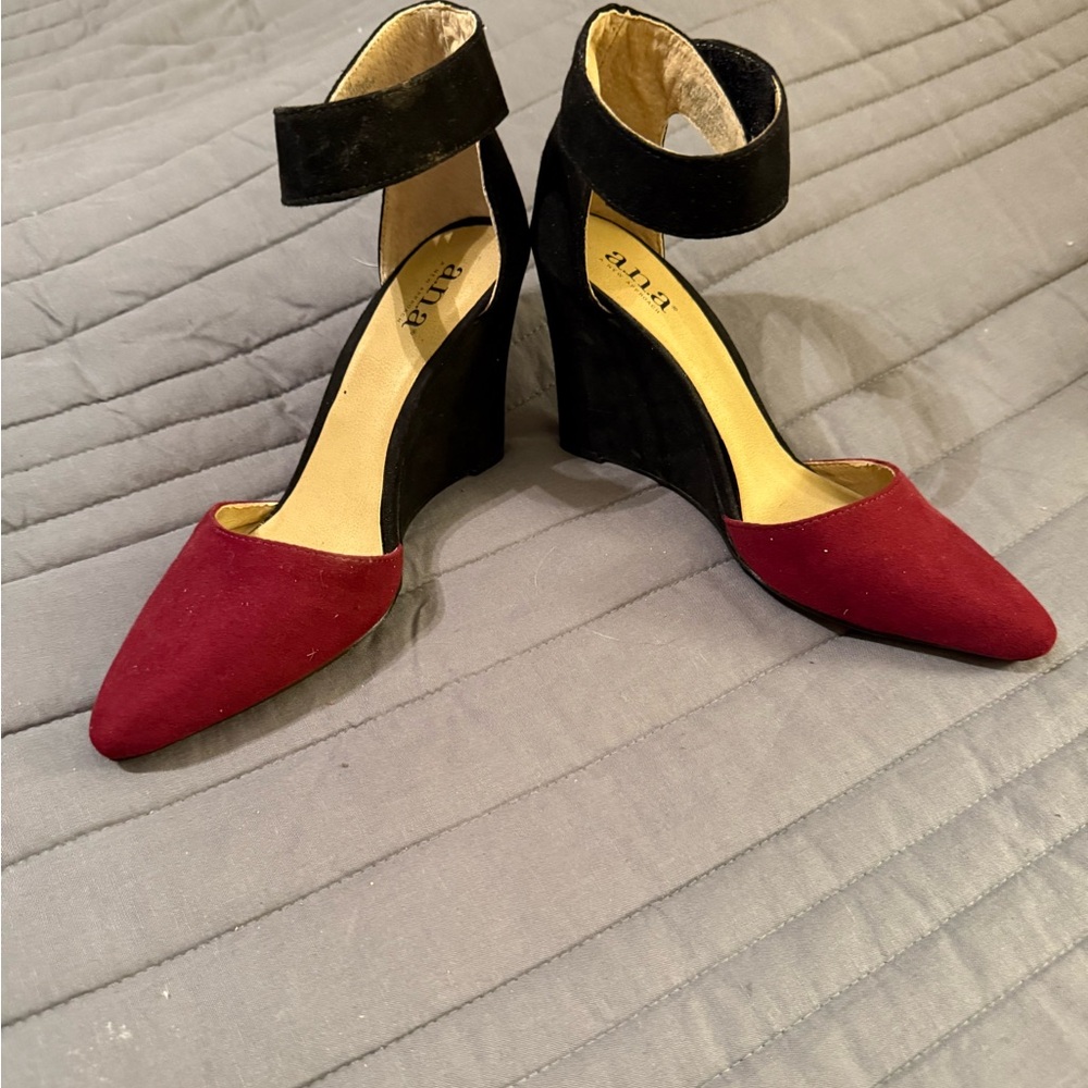 a.n.a Black and maroon  Wedge Shoes with Pointed Toe and Ankle Strap